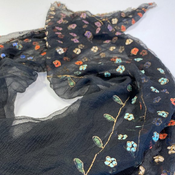 Vintage Handpainted Victorian Scarf - Sheer Floral Paisely and Gold Trim Paint - Picture 3 of 11